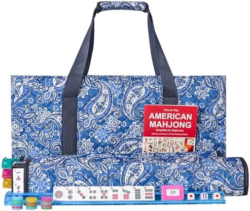 American Mahjong Game Set, 166 Quality White Tiles, 4 All-in-One Color Rack/Pushers, Mahjongg Tile Set with Blue Printed Carrying Bag