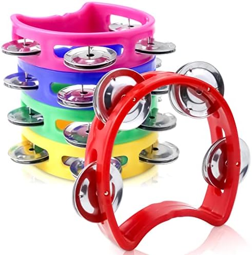 Vmiapxo 5 Pack Colored Plastic Tamborines Musical Instrument, Students Small Handheld Tambourine Percussion Bulk