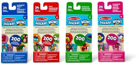 Melissa & Doug Sticker Wow!™ Mini Activity Pad and Refill Stickers 4-Pack (Dinosaur, Pets, Favorite Things, Surprise Pack 1) – 200 Stickers Each (800 Total) for Any Sticker Stamper (Not Included)