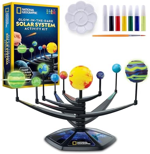 National Geographic Glow-in-The-Dark Solar System Model Kit for Kids - Build & Paint a 3D Planetary Model with Movable Arms, STEM Projects for Kids Ages 8-12, Space Themed Bedroom Decor