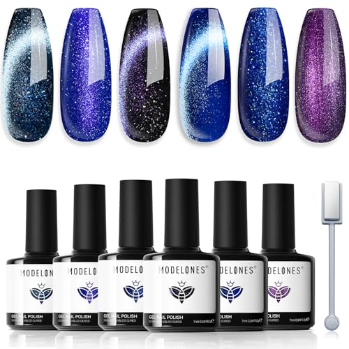 modelones Cat Eye Gel Nail Polish 6 Colors Black Blue Purple Glitter Gel Nail Polish Dark Blue Chameleon Sparkle Shimmer Gel polish with Magnet Soak Off Led Nail Art DIY Salon Gifts For Women Girl