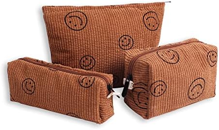 Cosmetic Bags for Women - Corduroy Cosmetic Bag Aesthetic Women Handbags Purses Smile Dots Makeup Organizer Storage Makeup Bag Girls Case Bags (3PCs Brown)