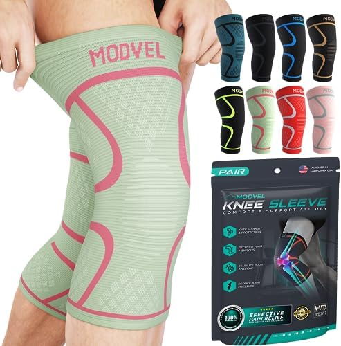 Modvel Knee Braces for Women & Men – 2 Pack Brace Set, Compression Sleeves for Meniscus Tear, ACL & Arthritis Pain Relief, Joint Support and Stability – Cream/Pink XXL