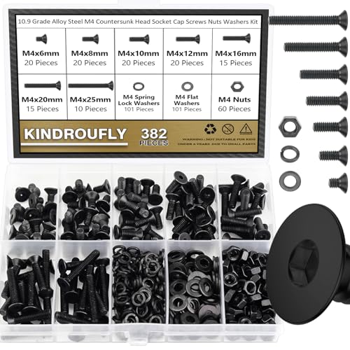 382 Pieces Black M4 x 6/8 /10/12 /16/20 /25mm Countersunk Head Socket Cap Screws Nuts Washers Assortment Kit, 10.9 Grade Alloy Steel