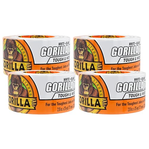 Gorilla Tough & Wide Duct Tape, 2.88" x 25 yd, White, (Pack of 4)