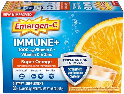 Emergen-C Immune+ Triple Action Immune Support Powder, BetaVia (R), 1000mg Vitamin C, B Vitamins, Vitamin D and Antioxidants, Super Orange – 30 Count (Pack of 1)