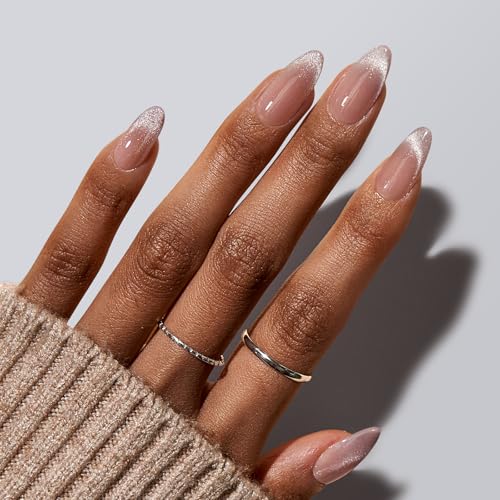 BTArtbox Press On Nails Almond - Winter Cat Eye Press On Nails Medium, French Tip Soft Gel Nails for Valentines Day Gift, Fake Nail Extensions In 15 Sizes - 30 Fake Nails Kit