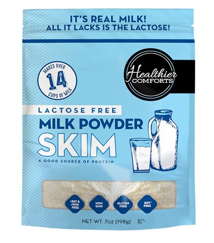 Healthier Comforts Lactose Free Skim Milk Powder | High Protein, Fat Free, Non-GMO, rBST Hormone Free, Kosher, Gluten Free, No Fillers | Baking, Coffee Creamer, Shakes| Makes 14 cups (7 oz)