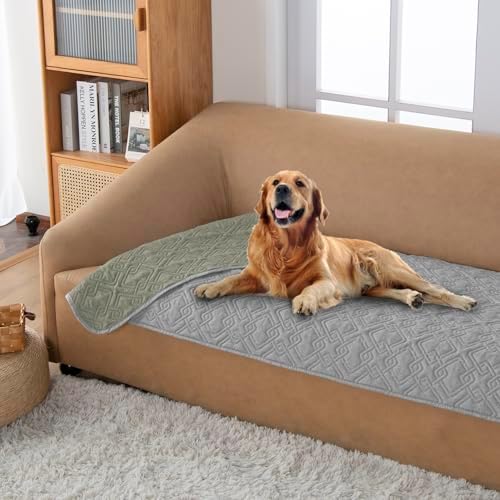 fuguitex Waterproof Dog Bed Cover Dog Blanket for Pet Furniture Bed Couch Sofa Reversible Linen Texture(30"*53",Pea Green+Light Grey)