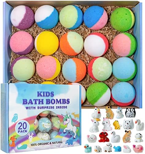 Bath Bomb Gift Set with Toys Inside, 20 Pack Organic Bath Bombs for Kids, Kids Safe Handmade Fizzy Balls for Kid, Ideal Birthday Gift for Boys & Girls