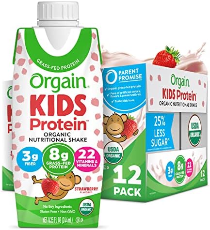 Orgain Organic Kids Nutritional Protein Shake, Strawberry, Healthy Kids Snacks, 8g Dairy Protein, 3g of Fiber, 22 Vitamins & Minerals, No Soy ingredients, Gluten Free, Non-GMO, 8.25 Fl Oz (Pack of 12)