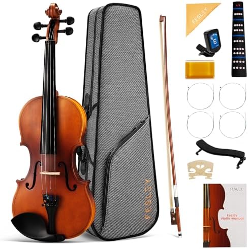 Fesley Violin Fiddle Beginner Set: 3/4 Matt Violin Kit for Student, Acoustic Violin with Hard Case, Solidwood Hand Made Violin Starter Kit with Violin Bow, Rosin, Shoulder Rest, Tuner, Extra Strings
