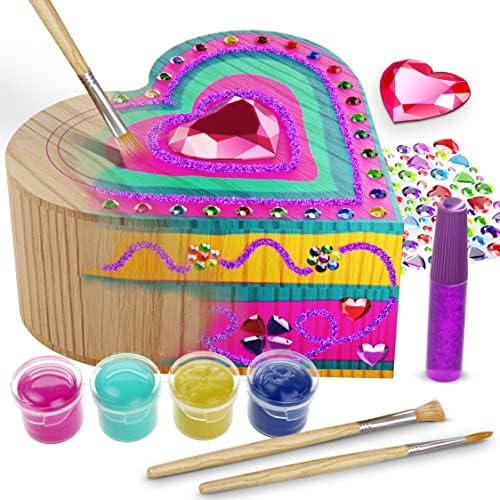 Paint Your Own Wooden Kids Heart Treasure Box Kit - Valentines Day Art Kits for Toddler Girl - Arts and Craft Gifts for Ages 4-6 Year Old Girls - DIY Jewelry Box Toys - Crafts Painting Projects Gift