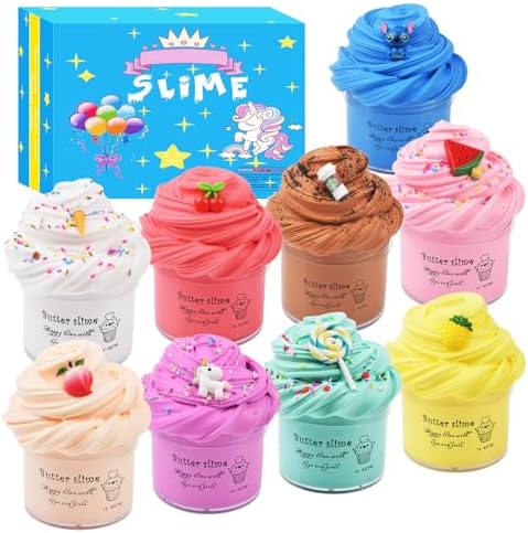 WUHUANIU 9 Pack Scented Butter Slime Kit,Ideal Slimes Bulk for Kids,Super Soft and Non Sticky DIY Slime Surprise Toy,with Charm Unicorn,Cherry,Ice Cream,Cake,Watermelon,Latte and More