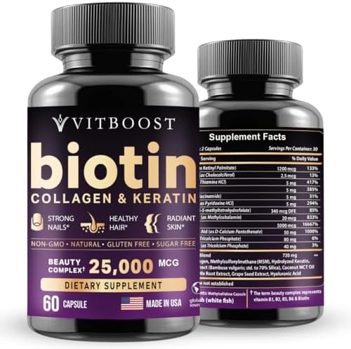 Biotin with Hyaluronic Acid, Collagen and Keratin – 25000 mcg Hair Growth Vitamins for Men and Women – Nails and Skin, USA Made - Third Party Tested, B1, B2, B3, B6, B7 Complex - 60 Capsules