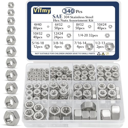 SAE Hex Nuts Assortment Kit(340 Pcs),4#40 6#32 8#32 10#24 10#32 12#24 1/4"-20 5/16"-18 3/8"-16 7/16"-14 1/2"-13 Assorted Hardware Nuts Sets,304 Stainless Steel Nut