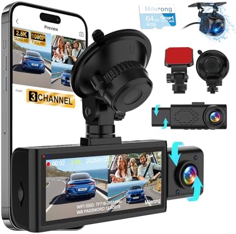 Dash Cam Front Rear and Inside, 3 Channel Dual Dash Camera for Cars WiFi 2.5K Dashcams for Car W/ 64GB Card,1440P Dashcam Front+1080P Inside Car Camera+1080P Rear Car Dash Cam,G-Sensor,IR Night Vision