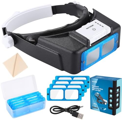 YOCTOSUN Magnifying Glasses with Light for Close Work, Rechargeable Headband Magnifier with 4 Lenses 1.5X-3.5X, Hands Free Head Magnifying Visor for Hobby, Jewelers, Reading, Crafts