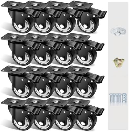 3" Caster Wheels Set of 16, Heavy Duty Casters with Brake, No Noise Locking Casters with Polyurethane (PU) Wheels, Swivel Plate Castors Pack of 16