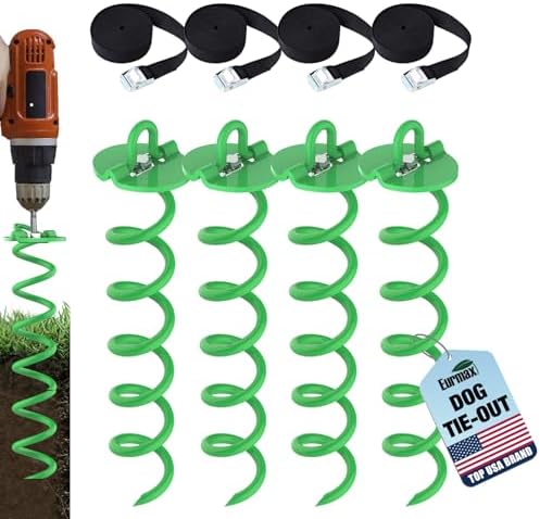 Eurmax USA 4-Pc Pack Spiral Stakes Heavy Duty Anchor Kit Ice Screw Anchor for Trampoline, Tents, tarps, Canopies,car Ports,Dog tie Out and etc Bonus Tie Down Straps 4-Pc Pack (Green)