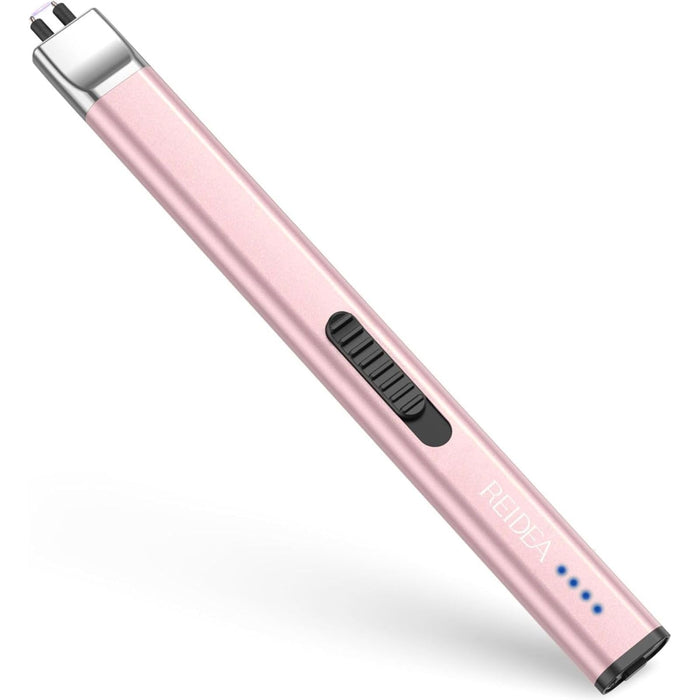 REIDEA Electric Lighter R1 Flat Candle Lighter, Windproof Flameless USB Rechargeable Arc Lighter with Safe Button and Power Indicator for Candle, BBQ and Fireworks, Rose Gold