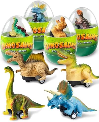 Greingways 4 Pack Dinosaur Pull Back Cars Prefilled Plastic Easter Eggs with Toys Inside Filled, Toddler Easter Basket Stuffers Egg Fillers Montessori Toys Easter Gifts for Kids Boys Girls