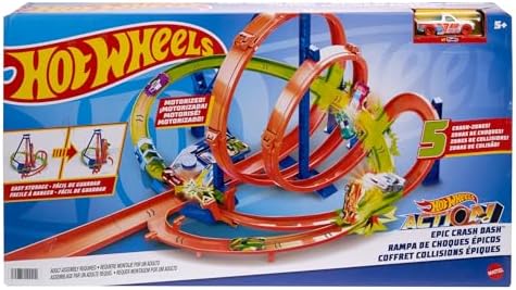 Hot Wheels Toy Car Track Set Action Epic Crash Dash with 1:64 Scale Vehicle & 5 Action Zones, Powered by Motorized Booster