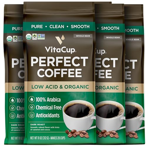 VitaCup Perfect Low Acid Coffee Beans, USDA Organic & Fair Trade, Mycotoxin Free, Dark Roast Guatemala Single Origin, Clean & Pure, Low Acidity, Whole Bean Coffee, 4 bags, 11oz each