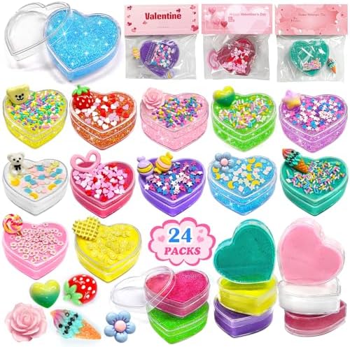 24 Pack Valentine Gifts for Kids Butter Shimmery Heart Slime Kit Craft for Boys and Girls with Card Party Favor Exchange Classroom School (Slime)