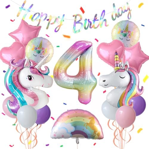 Unicorn 4th Birthday Party Decorations for Girl Purple Pink Unicorn Party Theme Balloon Set, Large Rainbow Unicorn Helium Balloons with Heart and Star Baby Shower Kids Supplies (number 4 set)