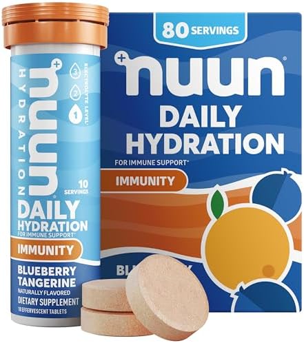 Nuun Immunity: Antioxidant Immune Support Hydration Supplement with Vitamin C, Zinc, Turmeric, Elderberry, Ginger, Echinacea, and Electrolytes. Flavor: Blueberry Tangerine, 8 tubes (80 servings)
