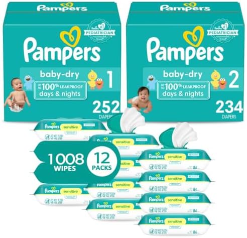 Pampers Baby Dry Disposable Baby Diapers Starter Kit, Sizes 1 (252 Count) & 2 (234 Count), with Sensitive Water Based Baby Wipes 12 Flip-Top Packs (1008 Wipes Total)