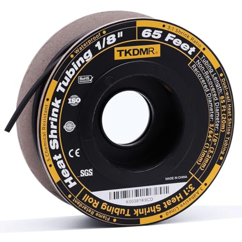TKDMR 65 Ft 1/8" Heat Shrink Tubing - 3:1 Ratio Marine Grade Heat Shrink,Wire Cable Adhesive Lined Tube Insulation Seal Against Moisture Corrosion and Air Leakage.Black