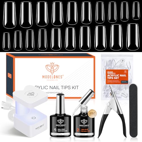 modelones Nail Tips and Glue Gel x Nail Kit - Gel Nail Glue Nail Prep Dehydrator 500Pcs Medium Square Nails Tips 10Sizes Innovative LED Nail Lamp Nail Prep Dehydrator, Easy and Fast Nail Extension Kit