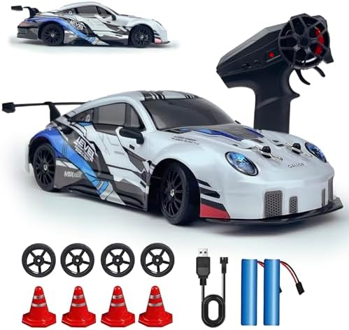 RC Drift Car 2.4GHz 1:24 Scale 4WD High Speed Remote Control Cars Vehicle with LED Lights Two Batteries and Drifting Tires Racing Sport Toy Cars for Adults Boys Girls Kids