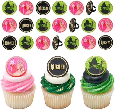 Wicked Cupcake Rings With Glinda And Elphaba, 24 Cupcake Toppers For Cakes, Birthday's, Celebrations, Food Safe Cake Decorations - 24 Pack