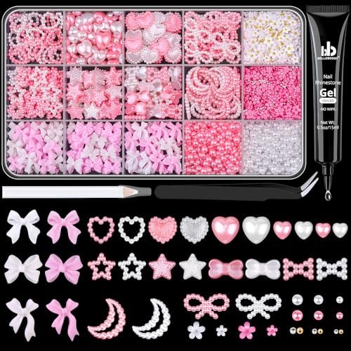 3D Nail Charms for Coquette Nails Design with Rhinestone Glue Set 2, White Pink Nail Bow Charms + Pearl Heart Star Moon Bowknot Nail Jewels + 3D Flowers and Pearls, with Picker Tools for Nail Decor