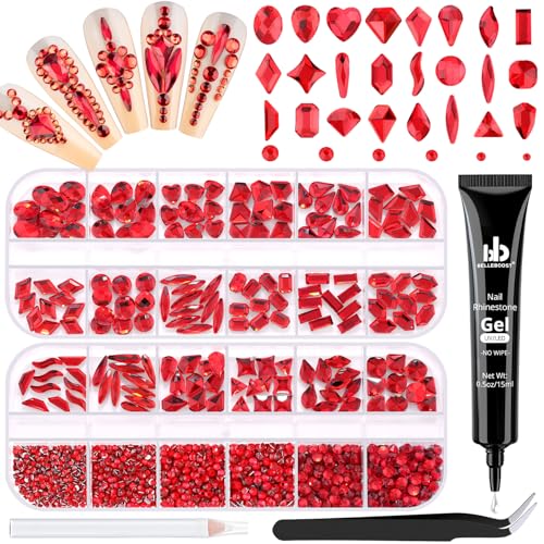 1680Pcs Red Glass Nail Rhinestones 180Pcs Multi Shapes Flatback Nail Gems + 1500Pcs 1.5-4mm Round Crystal with Rhinestones Glue Gel, Manicure Nail Charms Diamond Gemstones for Nail Art