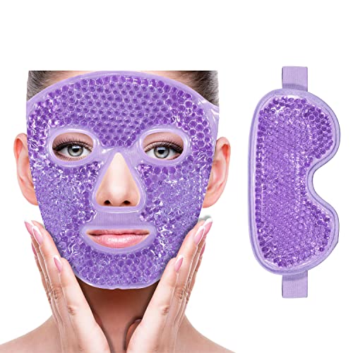 Cooling Ice Face Eye Mask for Reducing Puffiness, Bags Under Eyes,Sinus,Redness,Pain Relief,Dark Circles, Migraine,Hot/Cold Pack with Soft Plush Backing (Purple(1* Eye Mask+1*Face Mask))