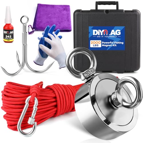 DIYMAG Fishing Magnet Kit, 2000 LBs Pulling Force, Super Strong Neodymium Fishing Magnets Kit with Case,20m (65 FT) Durable Rope，Gloves，Grappling Hook，Carring Bag，Towel and Thread Locker