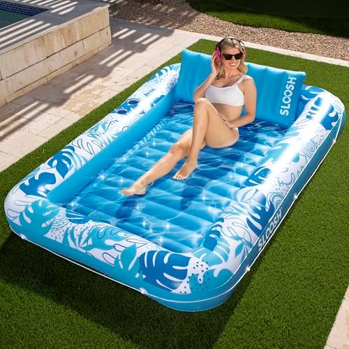 SLOOSH Inflatable Tanning Pool Lounger Float, 85" x 57" Extra Large Pool Floats Adult with Pillow, 4 in 1 Suntan Tub Raft Floatie,Sunbathing Bed Lounge for Water Blow Up Ball Pit Party Gifts, XL-Blue