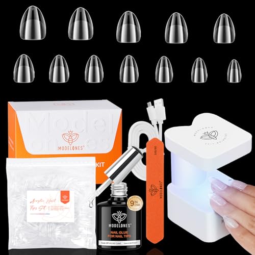 modelones Gel X Nail Kit, Extra Short Almond Gel x Nail Tips, 9-in-One Nail Glue & Portable U V Nail Lamp, 216Pcs 12Sizes Acrylic False Nails Tip Press On Nail Extension DIY Nails Art Gift for Women