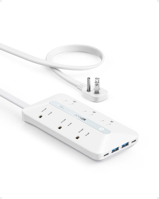 Flat Plug Power Strip(300J), Anker 20W USB C Power Strip, 10-in-1 Ultra Thin Power Strip with 6 AC, 2 USB A/2 USB C,5ft Extension Cord, Desk Charging Station,Home Office College Dorm Room Essentials