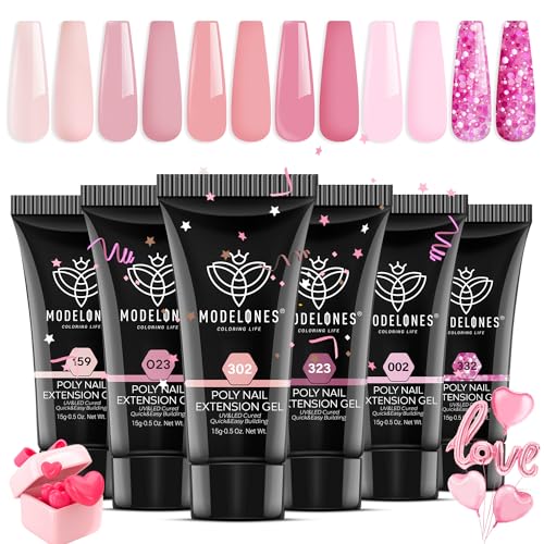 Modelones Poly Nail Gel Set, 6 Colors Pink Confetti Collection Nude Pink Glitter Colors Poly Extension Gel Enhancement Builder Nail Gel Pastel Summer Manicure DIY Home Salon Beauty Gift