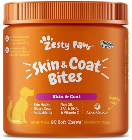 Zesty Paws Omega 3 Alaskan Fish Oil Chew Treats for Dogs - with AlaskOmega for EPA & DHA Fatty Acids - Hip & Joint Support + Skin & Coat Chicken Flavor (90 Soft Chews)