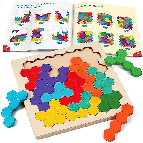 Coogam Wooden Tangram Puzzle, Color Shape Pattern Jigsaw Brain Teasers 3D Logic IQ Game Geometric Blocks Montessori STEM Educational Toys Gift for All Age