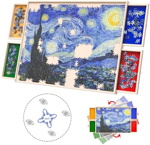 Rotatable 360-Degree Wheels Puzzle Board with Drawers and Cover 1500 Pieces Lightweight Portable Wooden Puzzle Table for Adults Kids 35'' x 26''