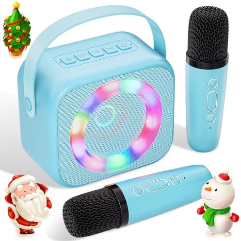 Verkstar Karaoke Machine for Kids, Mini Portable Bluetooth Karaoke Speaker with 2 Wireless Microphones and Dynamic LED Lights for Kids Adults,Gifts Toys for Girls Boys