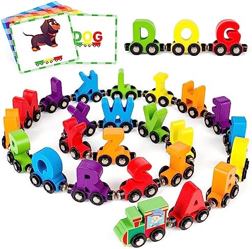Vanmor 27 PCS Magnetic Wooden Alphabet Train Sets | ABC Letter Learning Toy Trains with 42 PCS Flash Cards, 1 Engine, 1 Storage Bag | Toddlers Kids Boys Girls Educational Toys for 3 4 5 6 7 Years Old