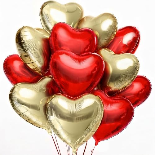 KatchOn, Gold and Red Heart Balloons Foil - 18 Inch, Pack of 12 | Heart Shaped Balloons, Valentines Day Decorations, Valentines Balloons | Valentines Day Balloons, Valentines Decorations for Party